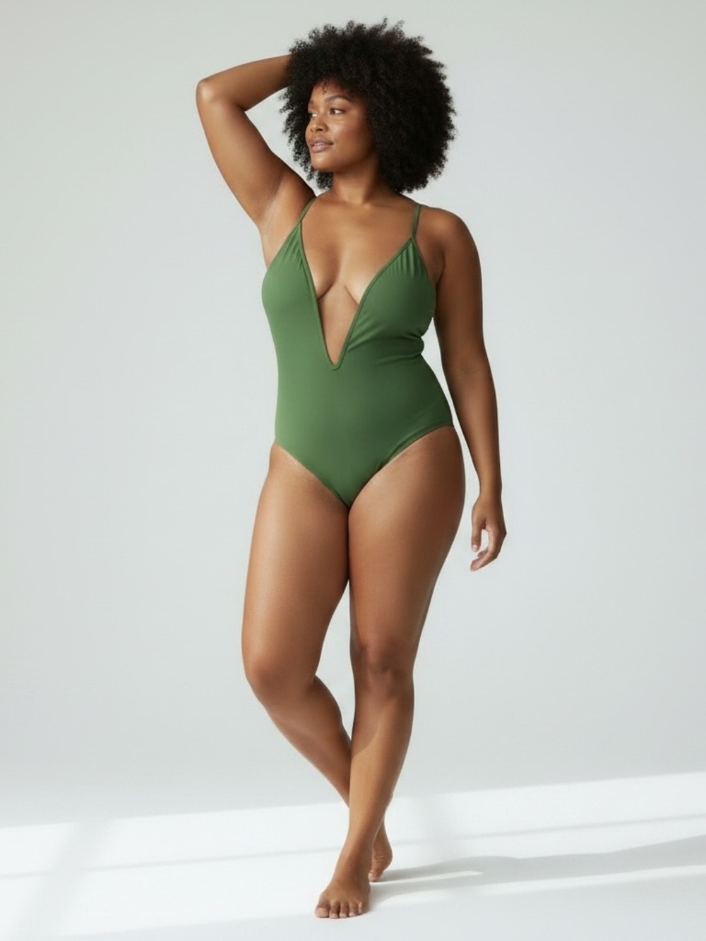 Deep V Olive Green One-Piece Swimsuit - Women